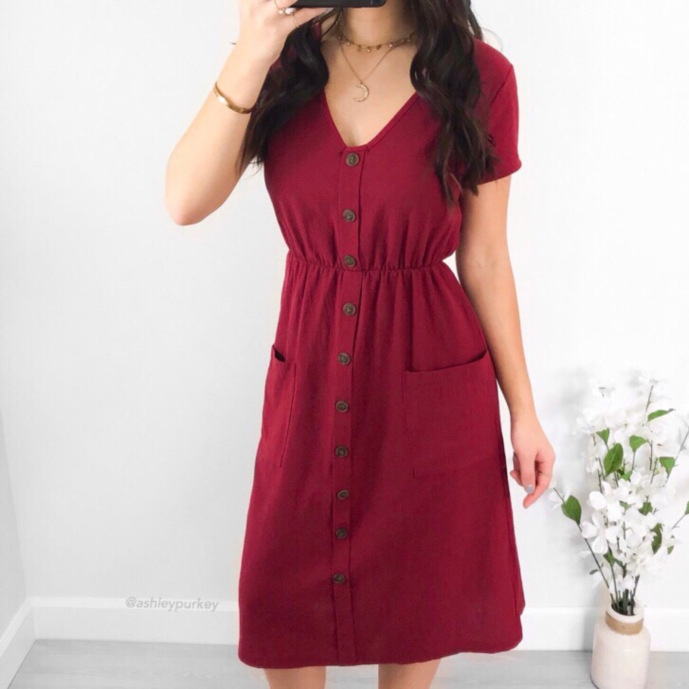 ❤️SALE❤️ Maroon red button and pocket midi dress